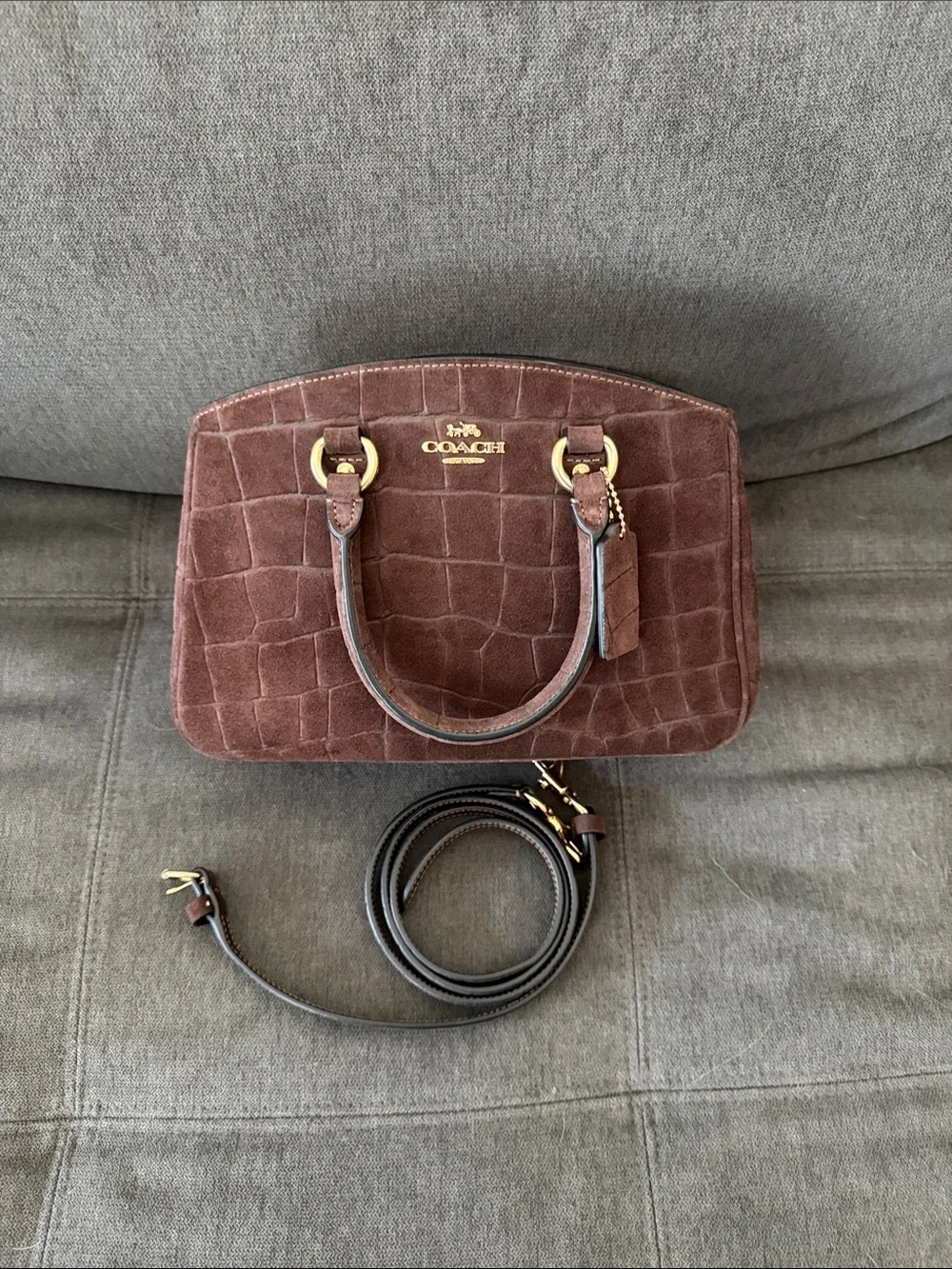 Coach Savannah Small Brown Suede Croc-Embossed Carryall with Gold Hardware